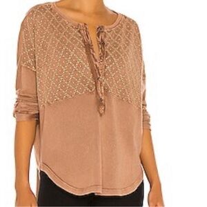 Free People Free Spirit Long Sleeve Embroidered Henley Tee Top Red Clay Brown